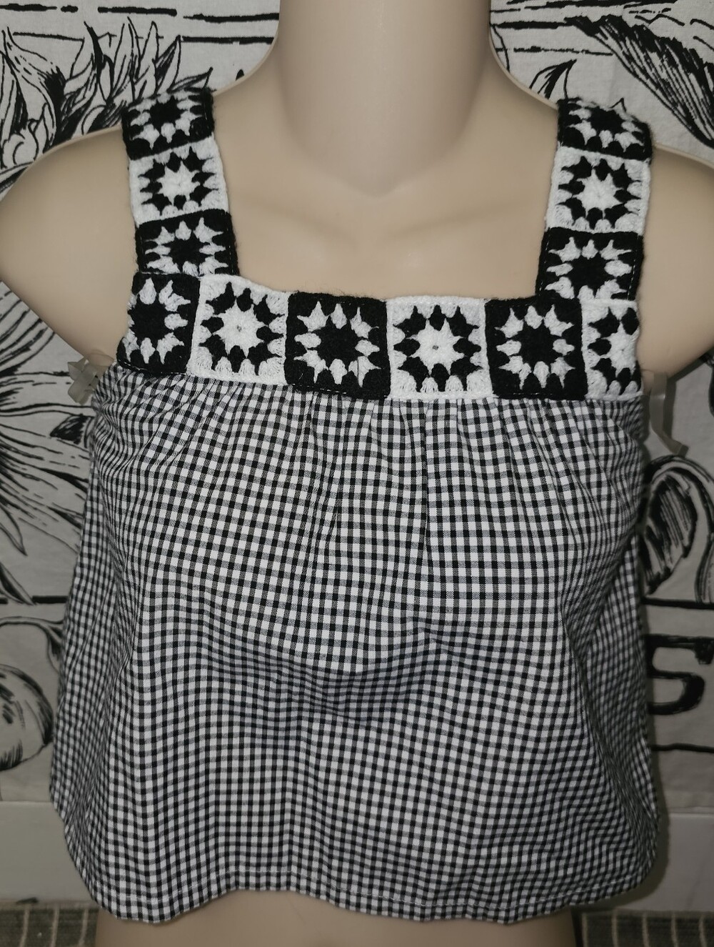 Btween Black & White Check Crochet-Trim Kids Top Sz 8